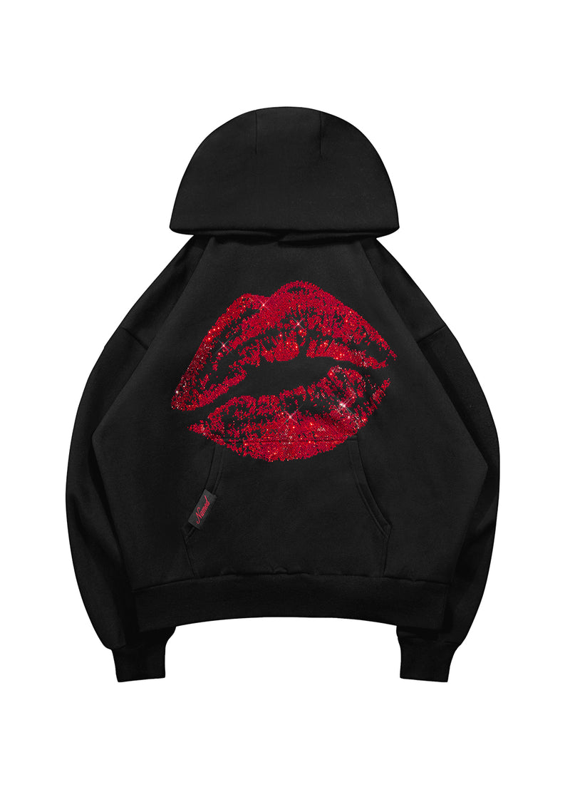TEASE RHINESTONE LIPS PULLOVER HOODIE BLACK