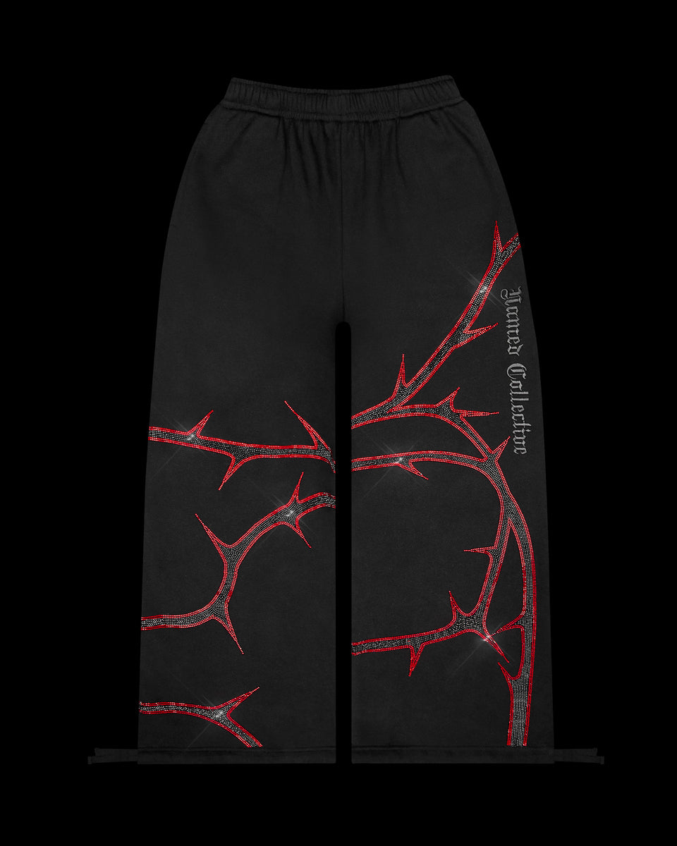 THORN RHINESTONE SWEATPANTS BLACK AND RED