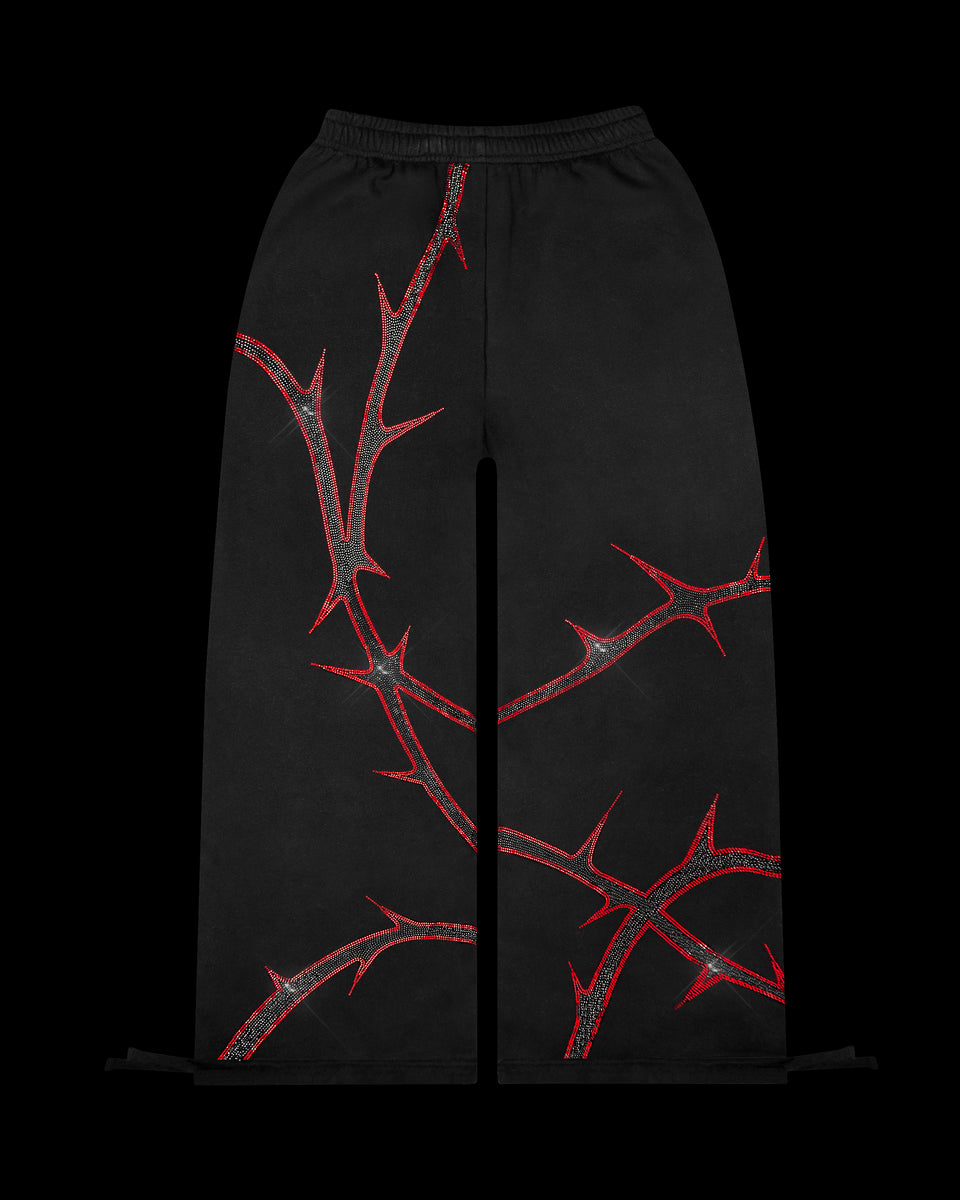 THORN RHINESTONE SWEATPANTS BLACK AND RED