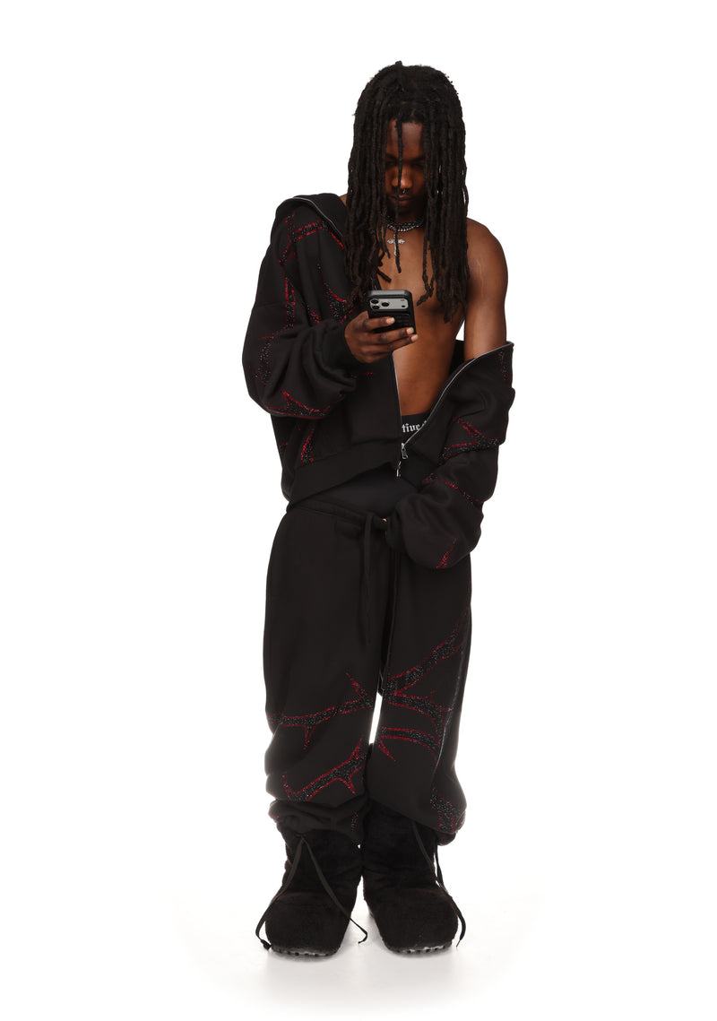 THORN RHINESTONE SWEATPANTS BLACK AND RED