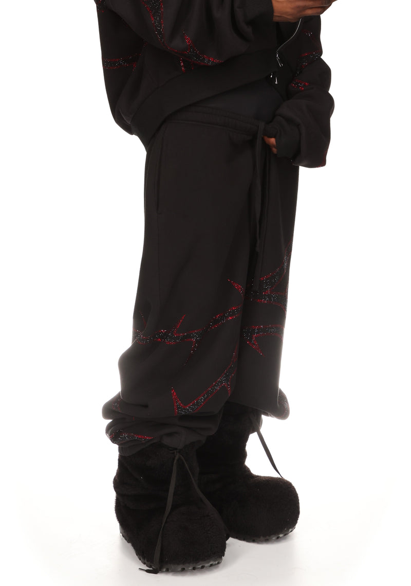 THORN RHINESTONE SWEATPANTS BLACK AND RED