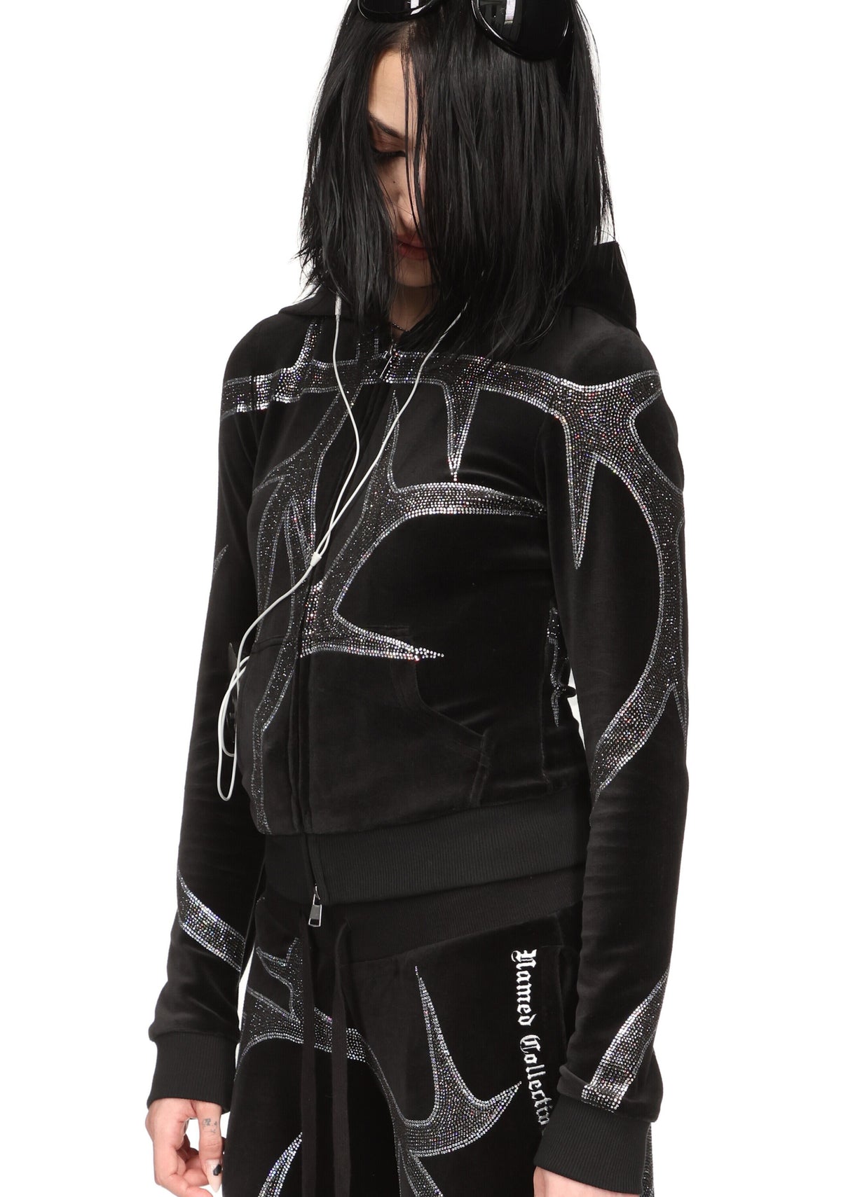 THORN RHINESTONE VELOUR HOODIE BLACK