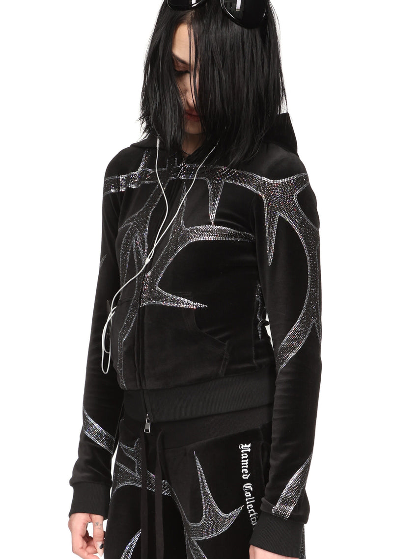 THORN RHINESTONE VELOUR HOODIE BLACK