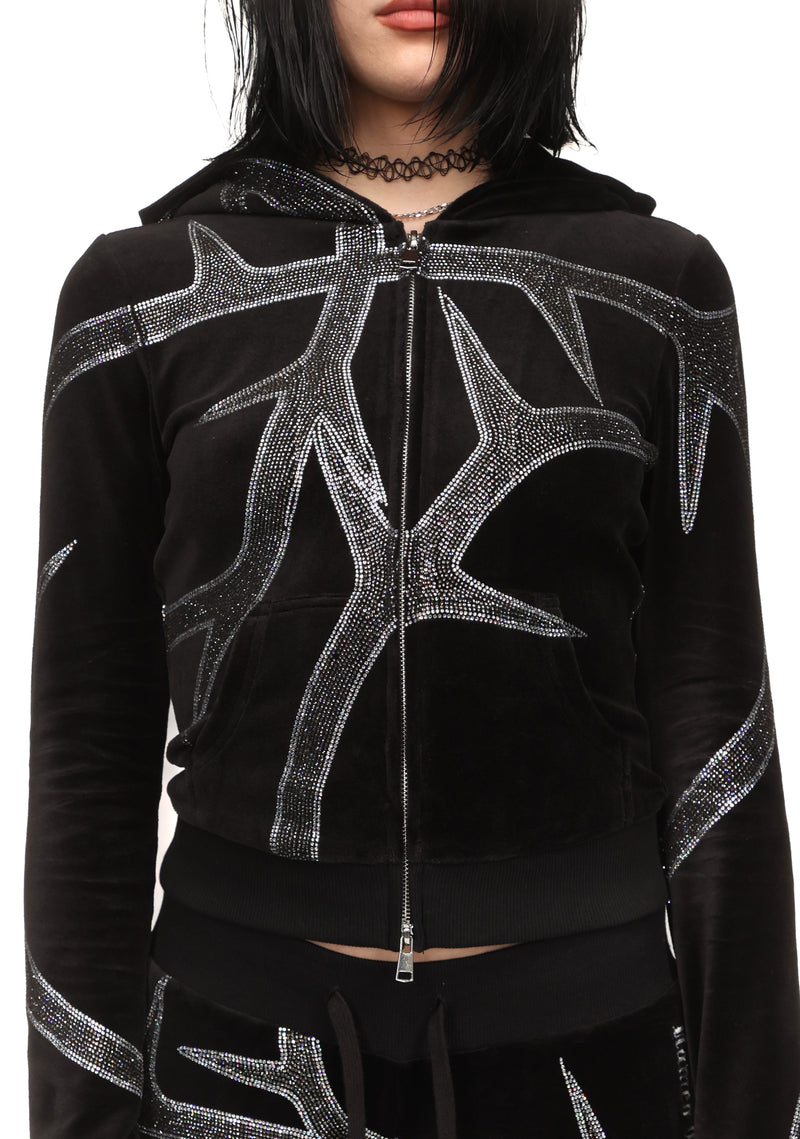 THORN RHINESTONE VELOUR HOODIE BLACK