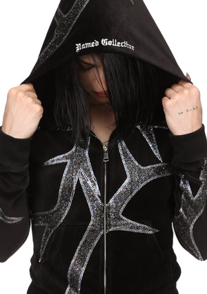 THORN RHINESTONE VELOUR HOODIE BLACK