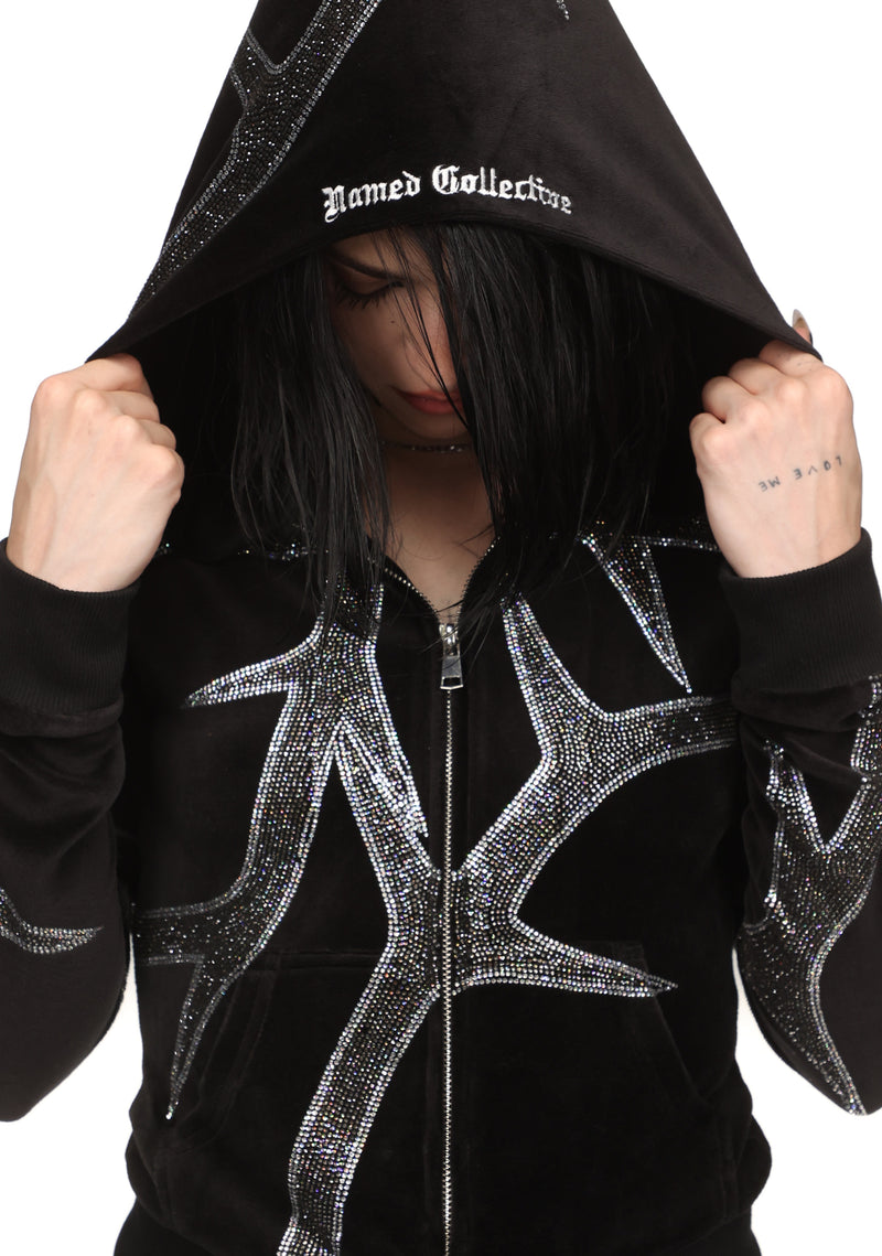 THORN RHINESTONE VELOUR HOODIE BLACK