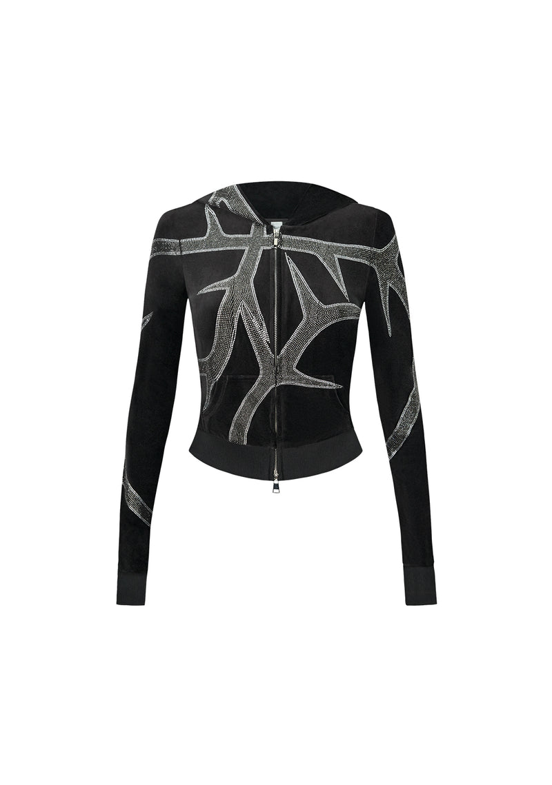 THORN RHINESTONE VELOUR HOODIE BLACK
