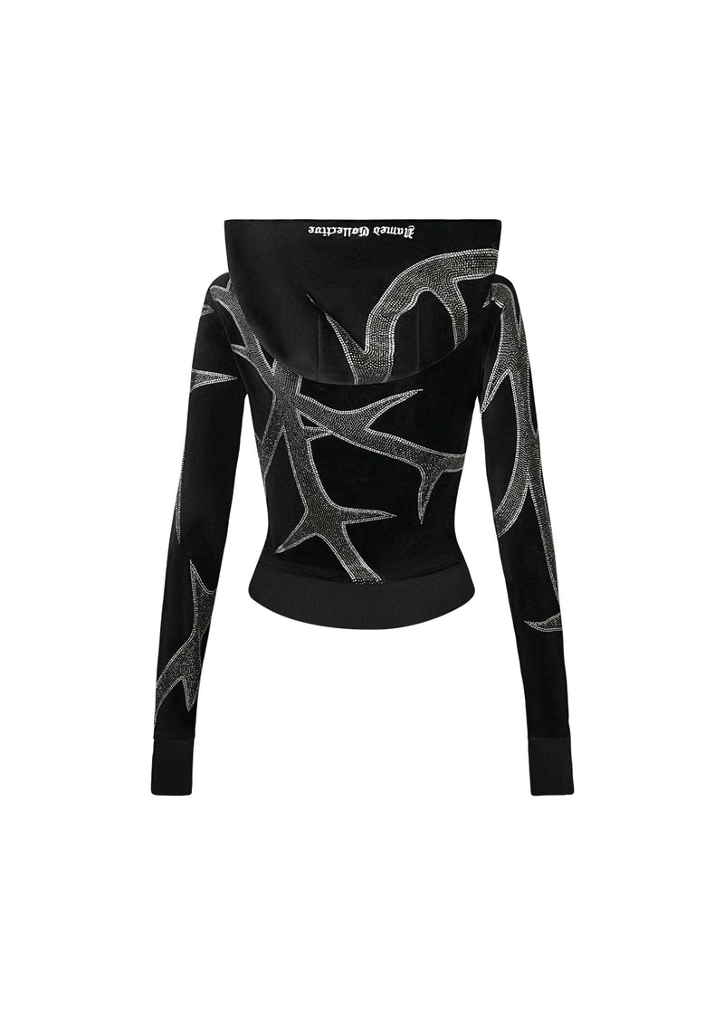 THORN RHINESTONE VELOUR HOODIE BLACK