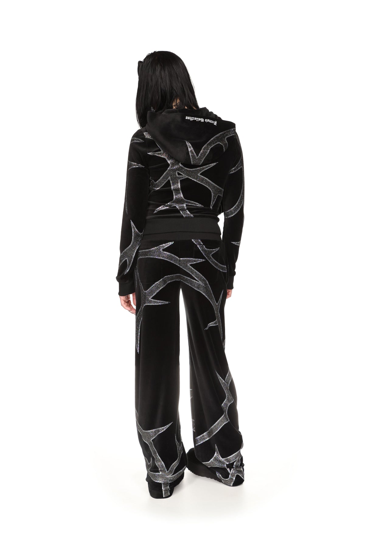 THORN RHINESTONE VELOUR SWEATPANTS BLACK