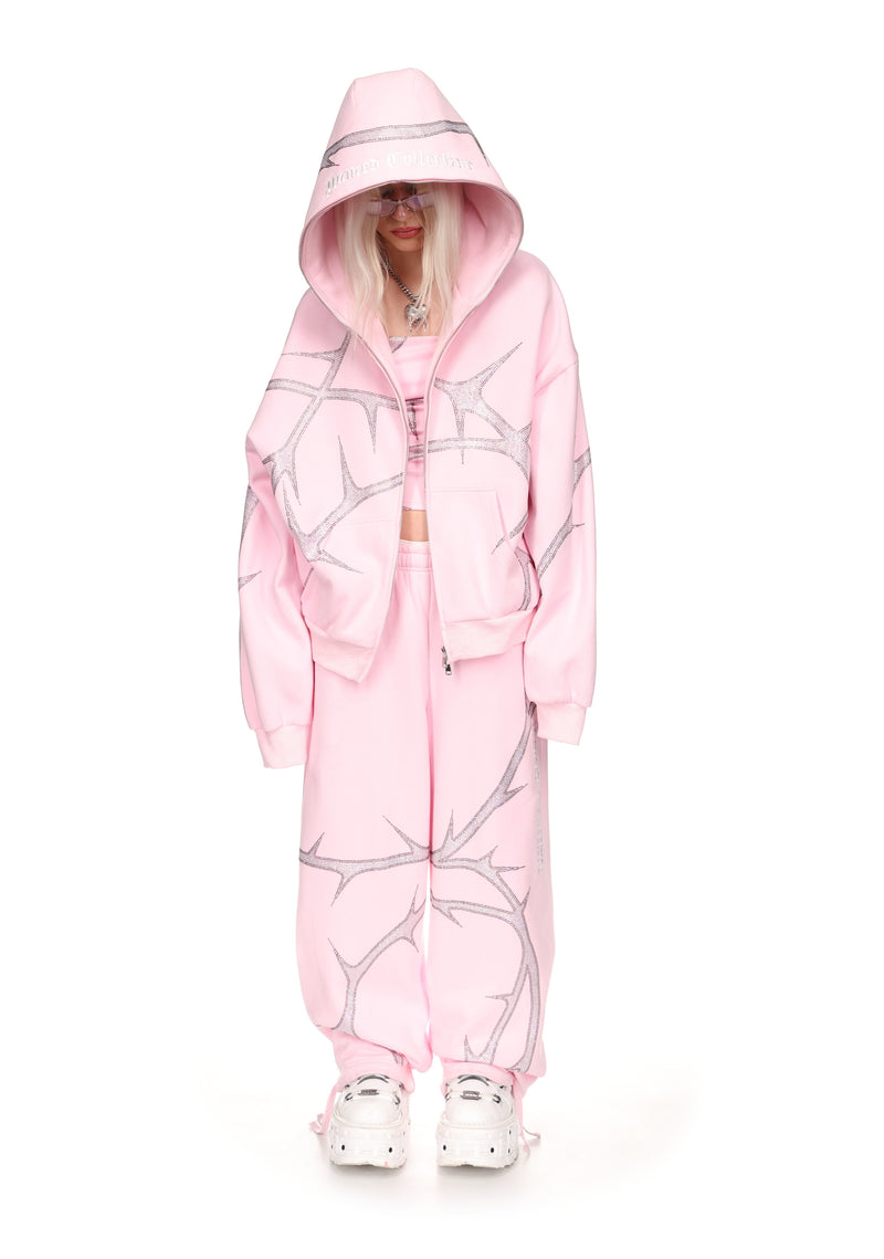 THORN RHINESTONE ZIP HOODIE BABY PINK