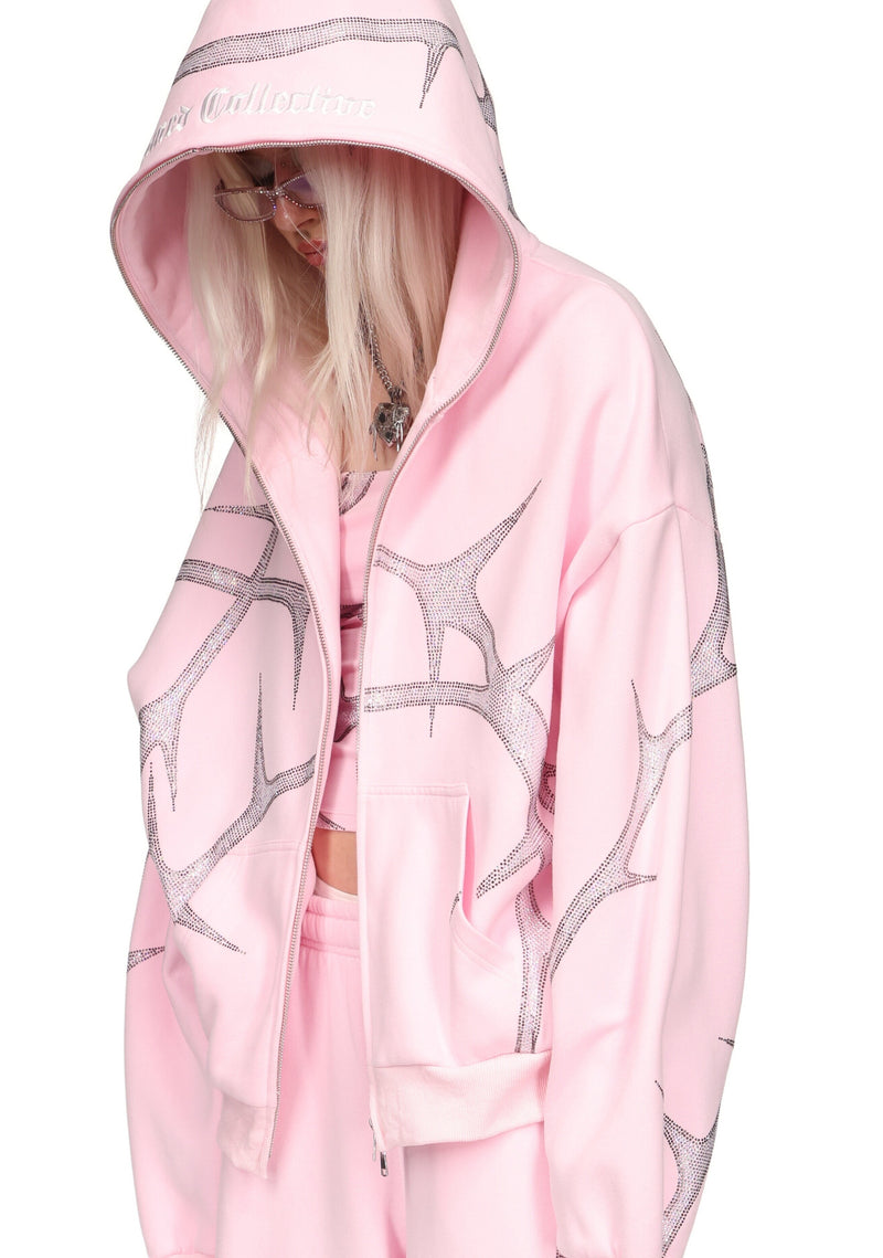 THORN RHINESTONE ZIP HOODIE BABY PINK