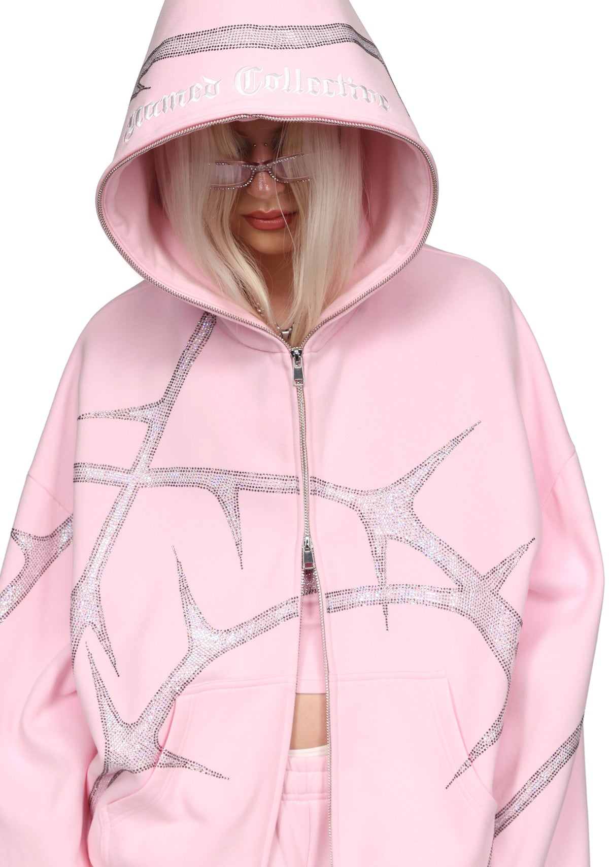 THORN RHINESTONE ZIP HOODIE BABY PINK