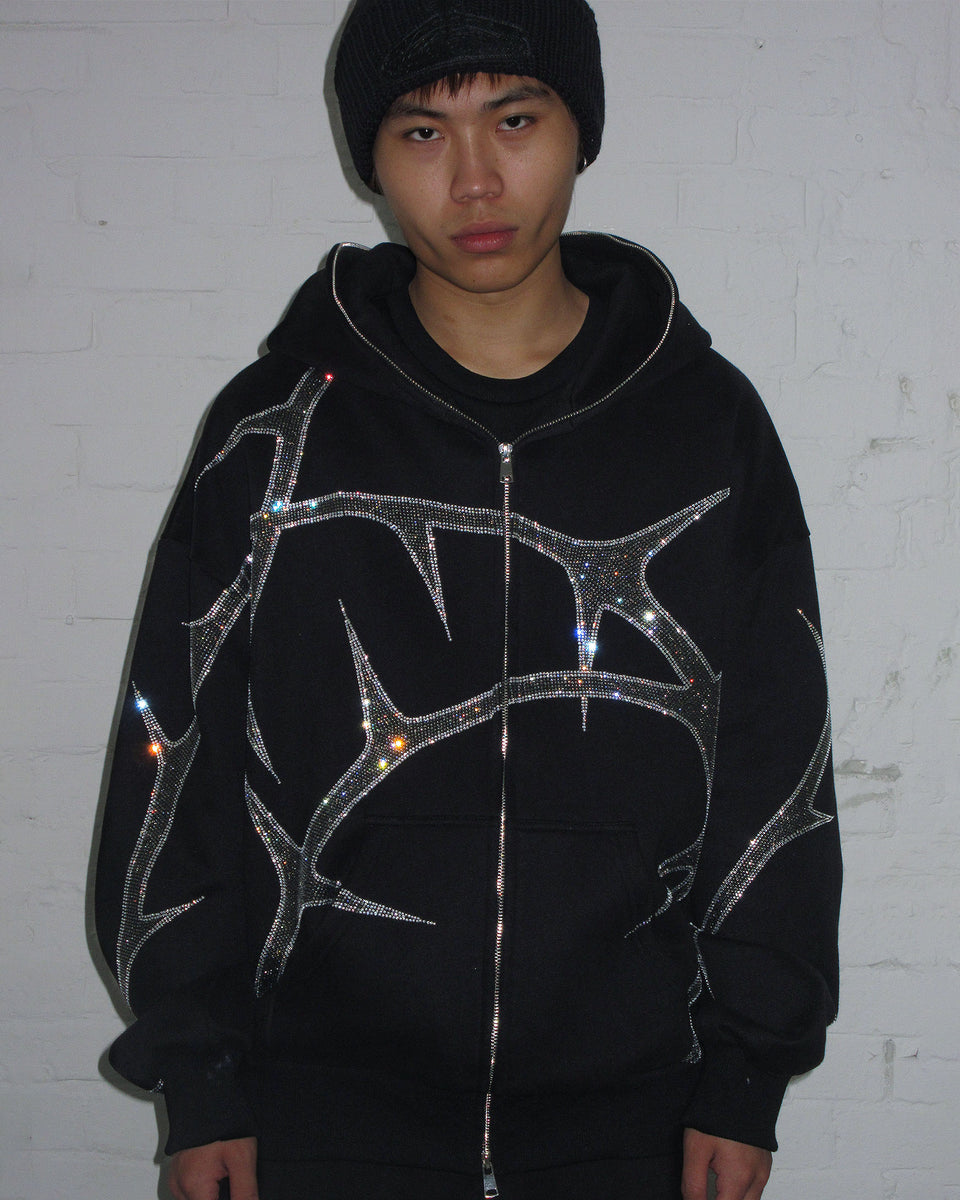 THORN RHINESTONE ZIP HOODIE BLACK