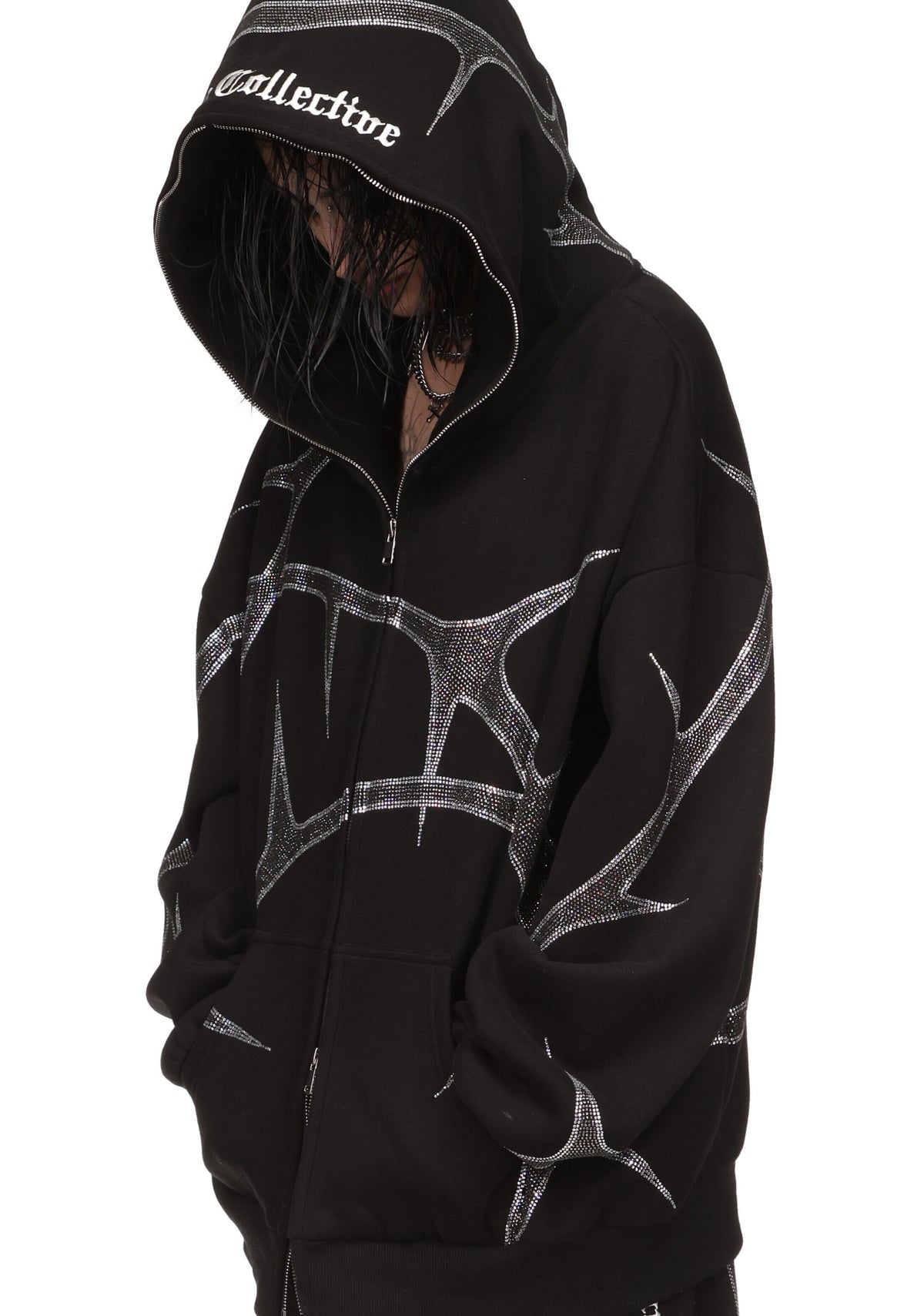 THORN RHINESTONE ZIP HOODIE BLACK