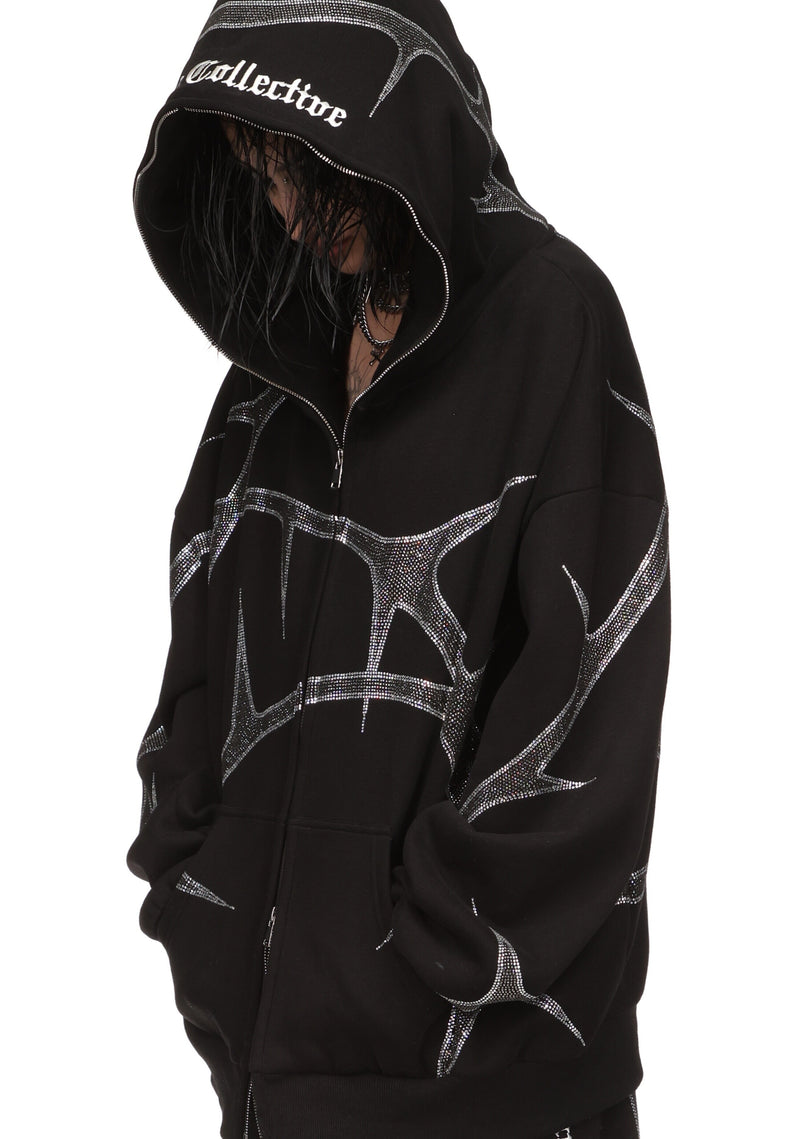 THORN RHINESTONE ZIP HOODIE BLACK