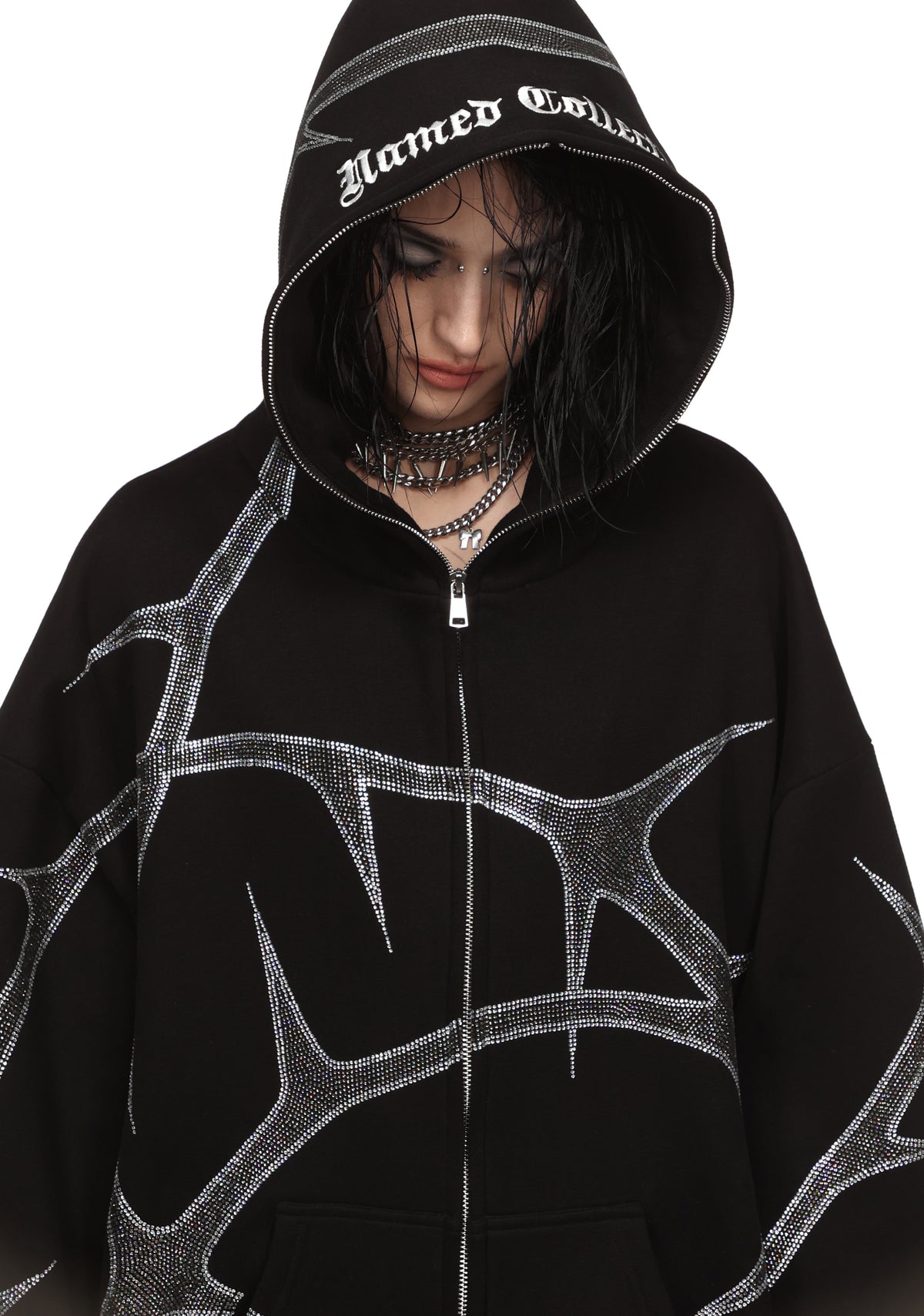 THORN RHINESTONE ZIP HOODIE BLACK
