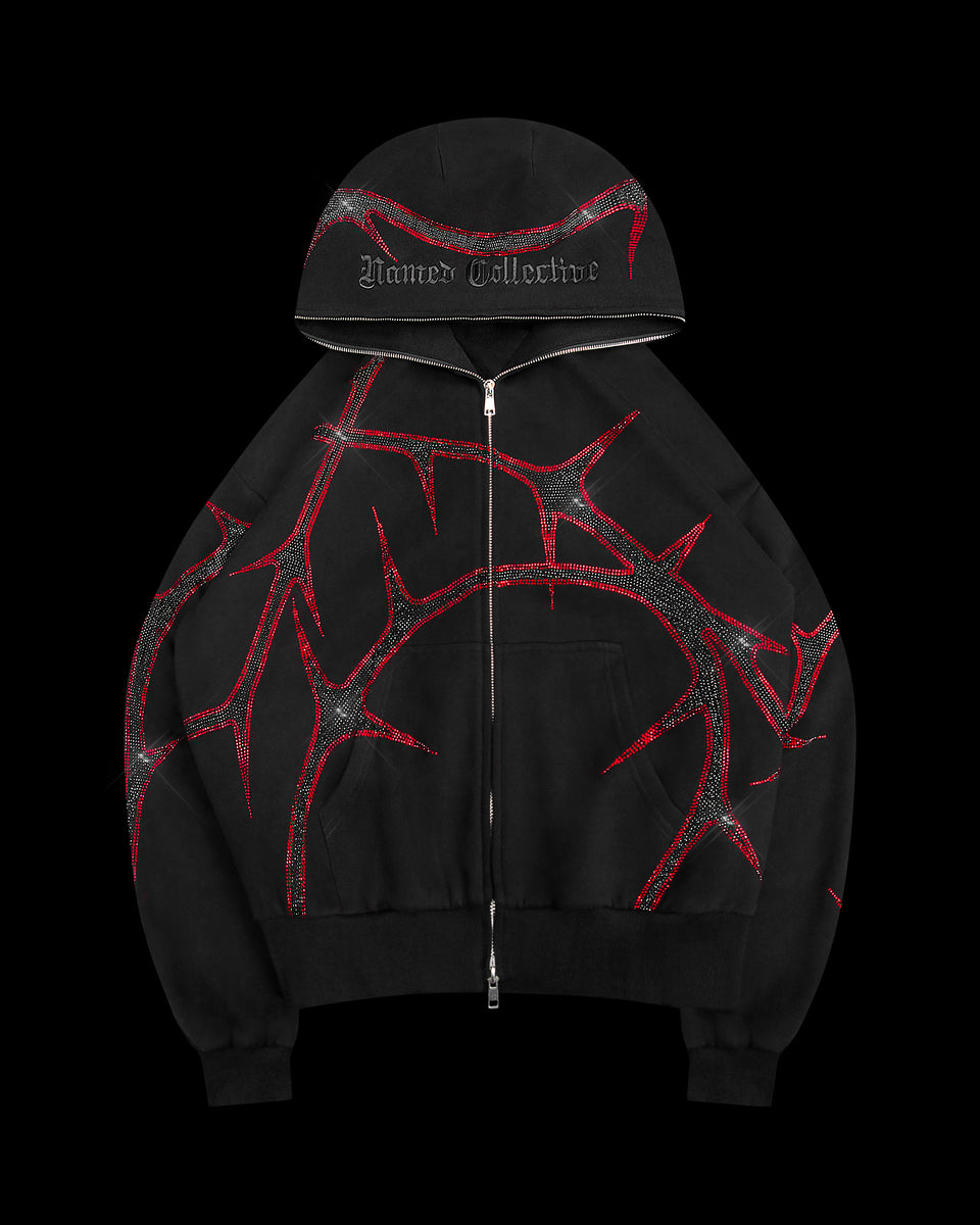 THORN RHINESTONE ZIP HOODIE BLACK AND RED