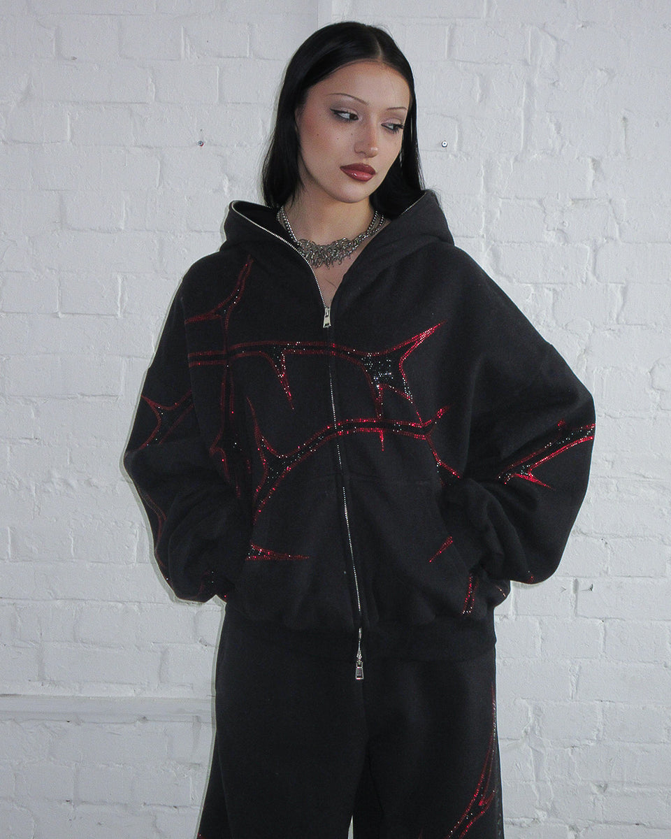 THORN RHINESTONE ZIP HOODIE BLACK AND RED