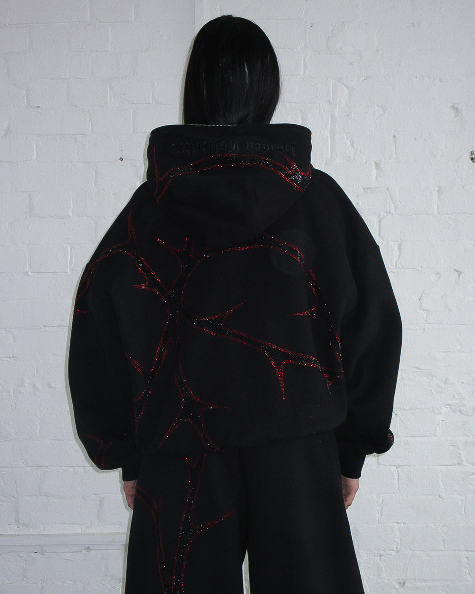 THORN RHINESTONE ZIP HOODIE BLACK AND RED
