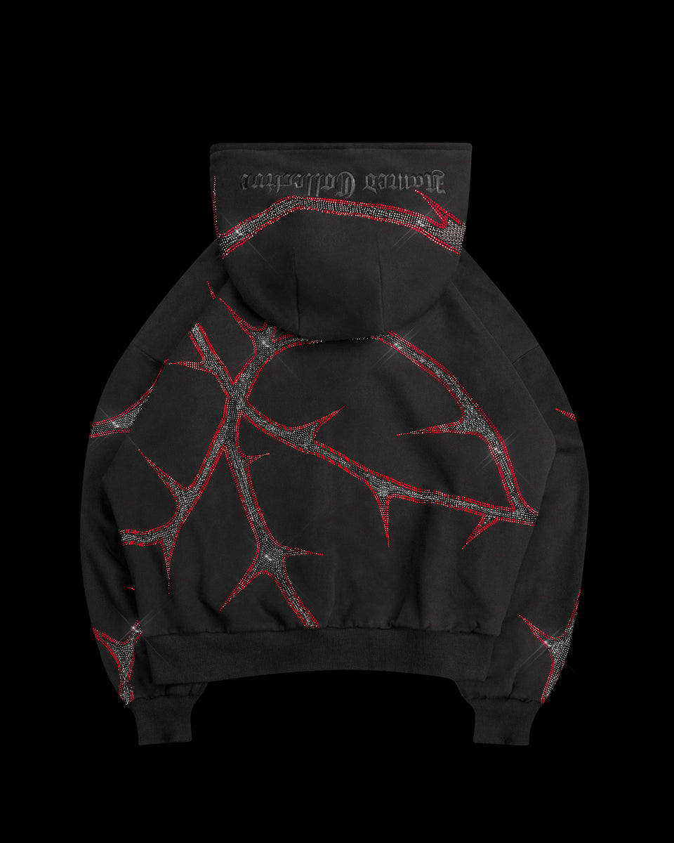 THORN RHINESTONE ZIP HOODIE BLACK AND RED