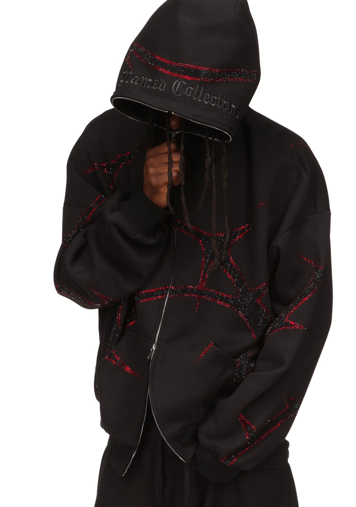 THORN RHINESTONE ZIP HOODIE BLACK AND RED