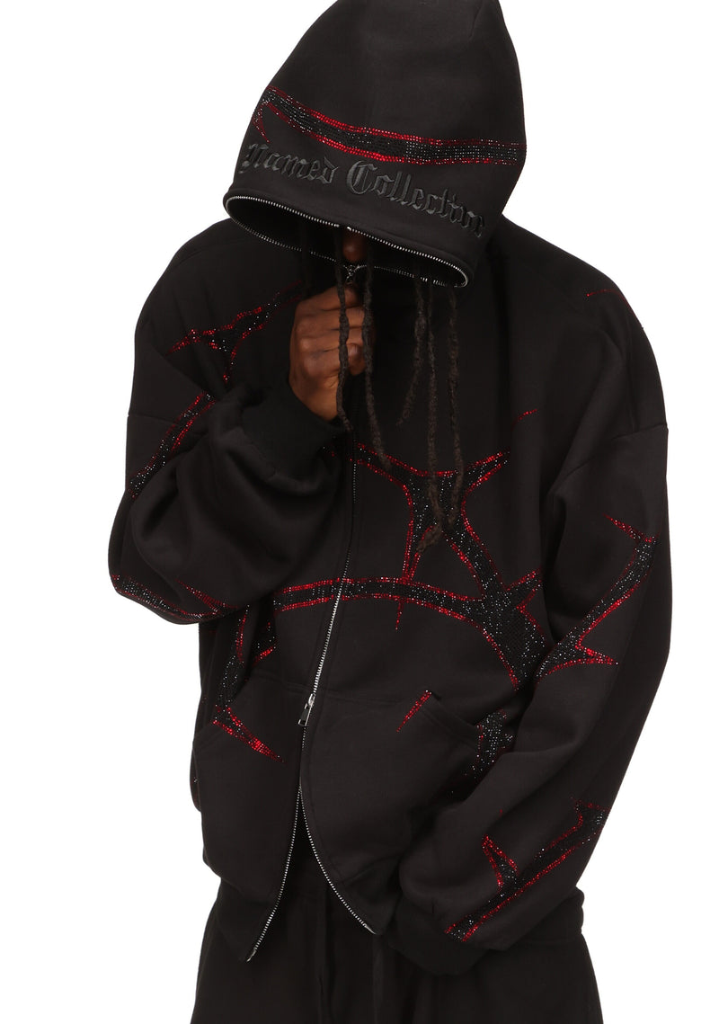 THORN RHINESTONE ZIP HOODIE BLACK AND RED