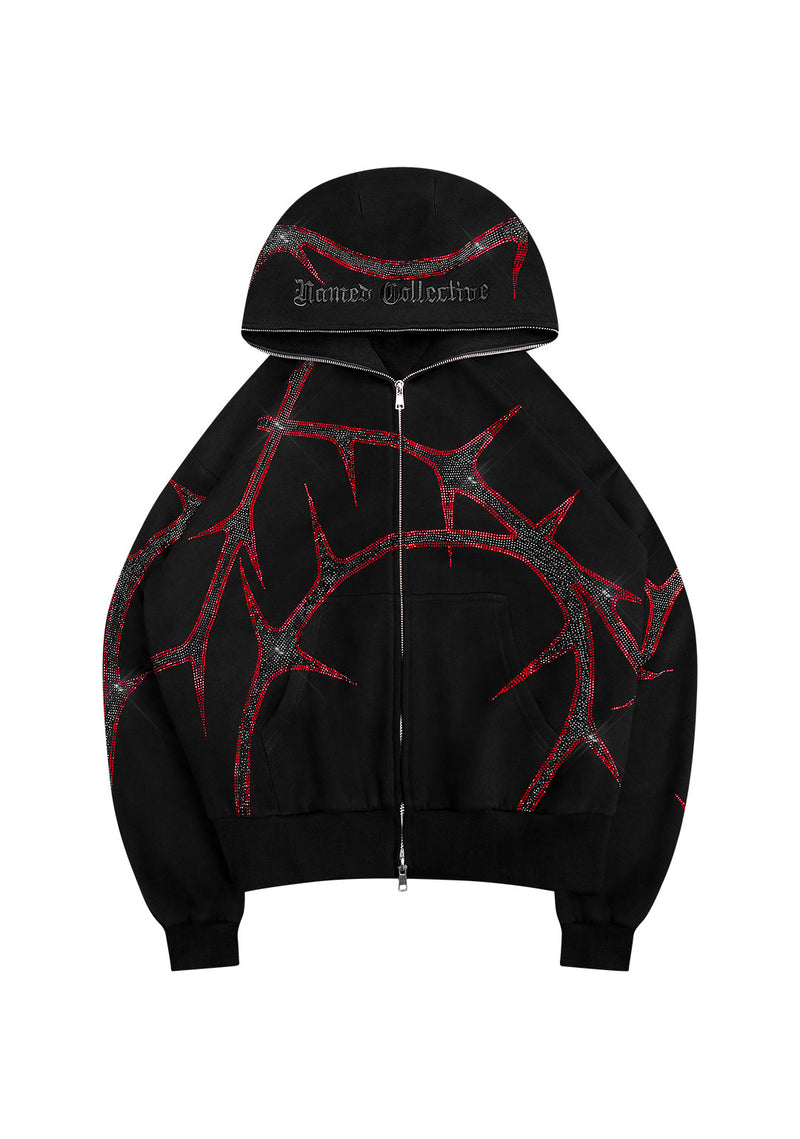 THORN RHINESTONE ZIP HOODIE BLACK AND RED