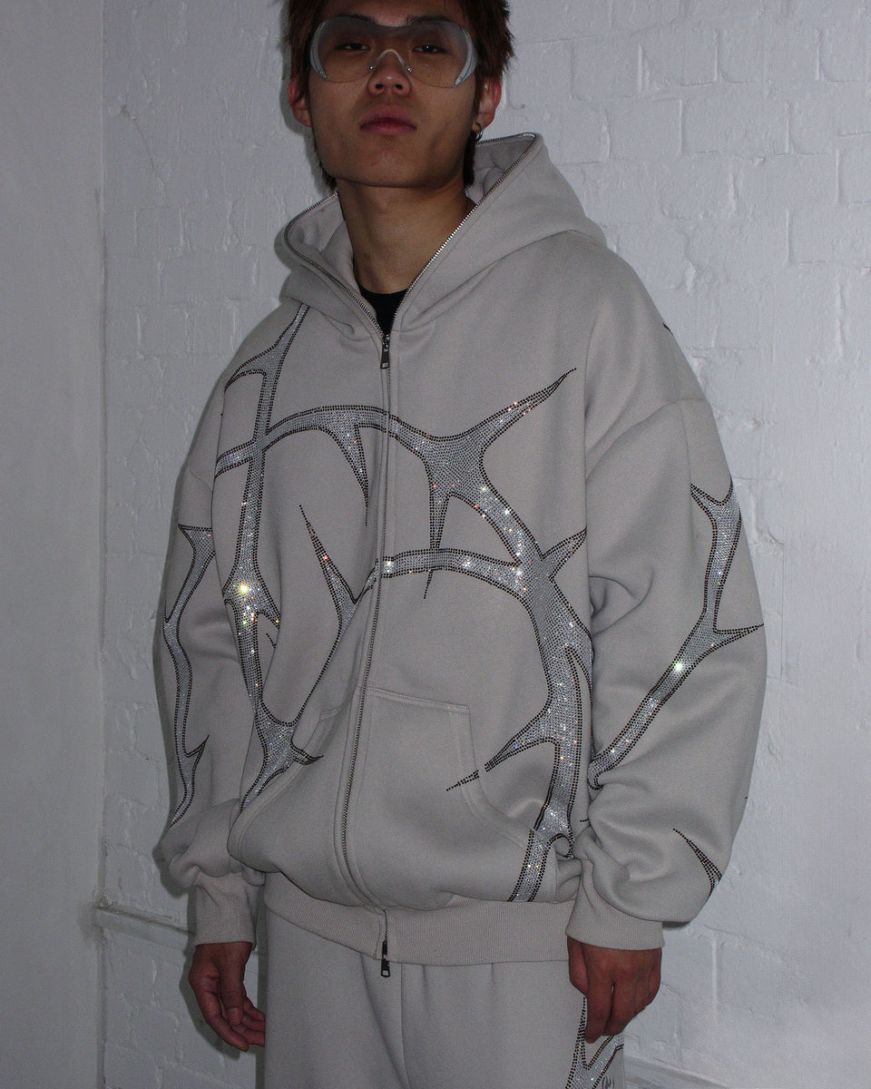 THORN RHINESTONE ZIP HOODIE BONE