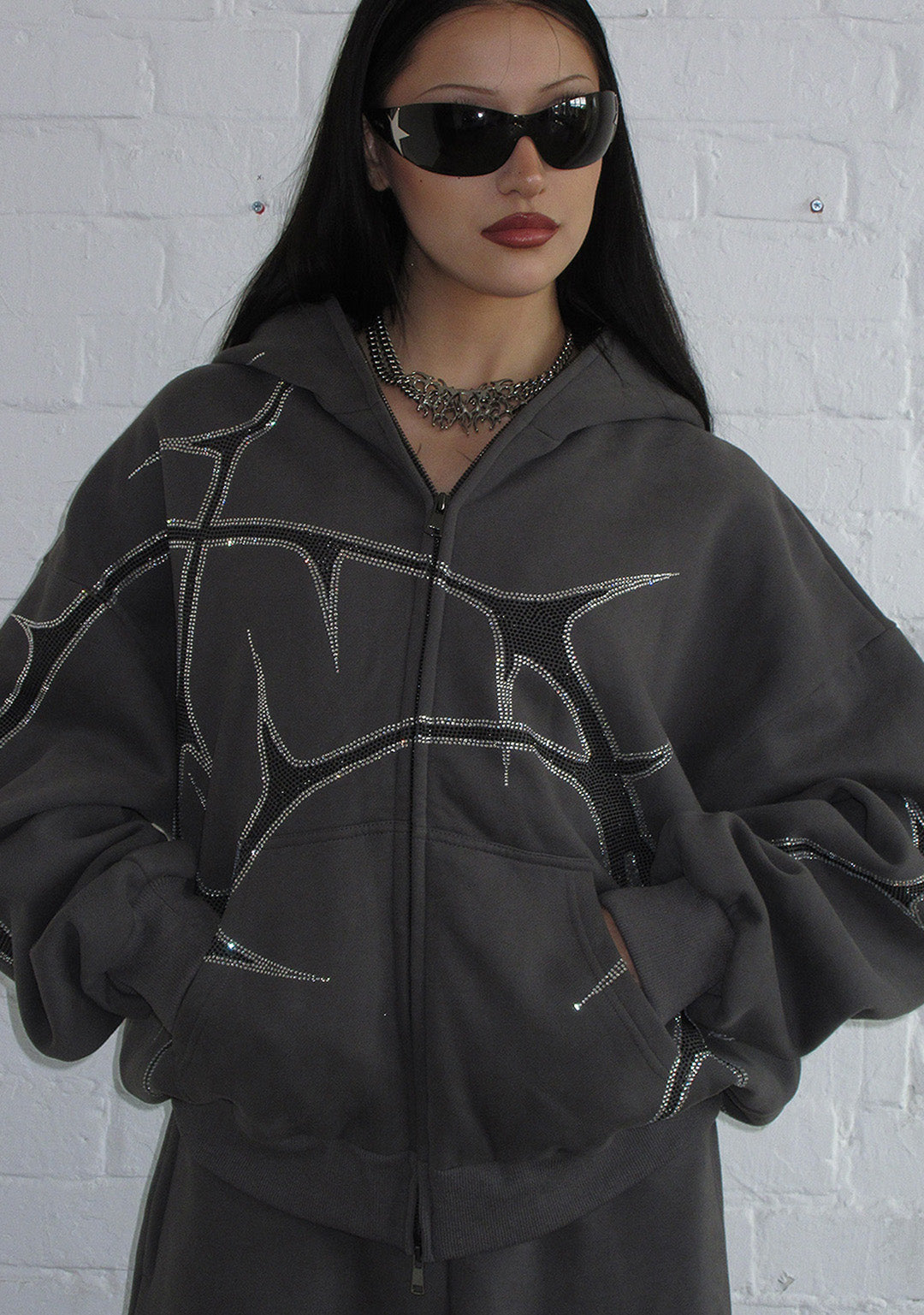THORN RHINESTONE ZIP HOODIE CHARCOAL