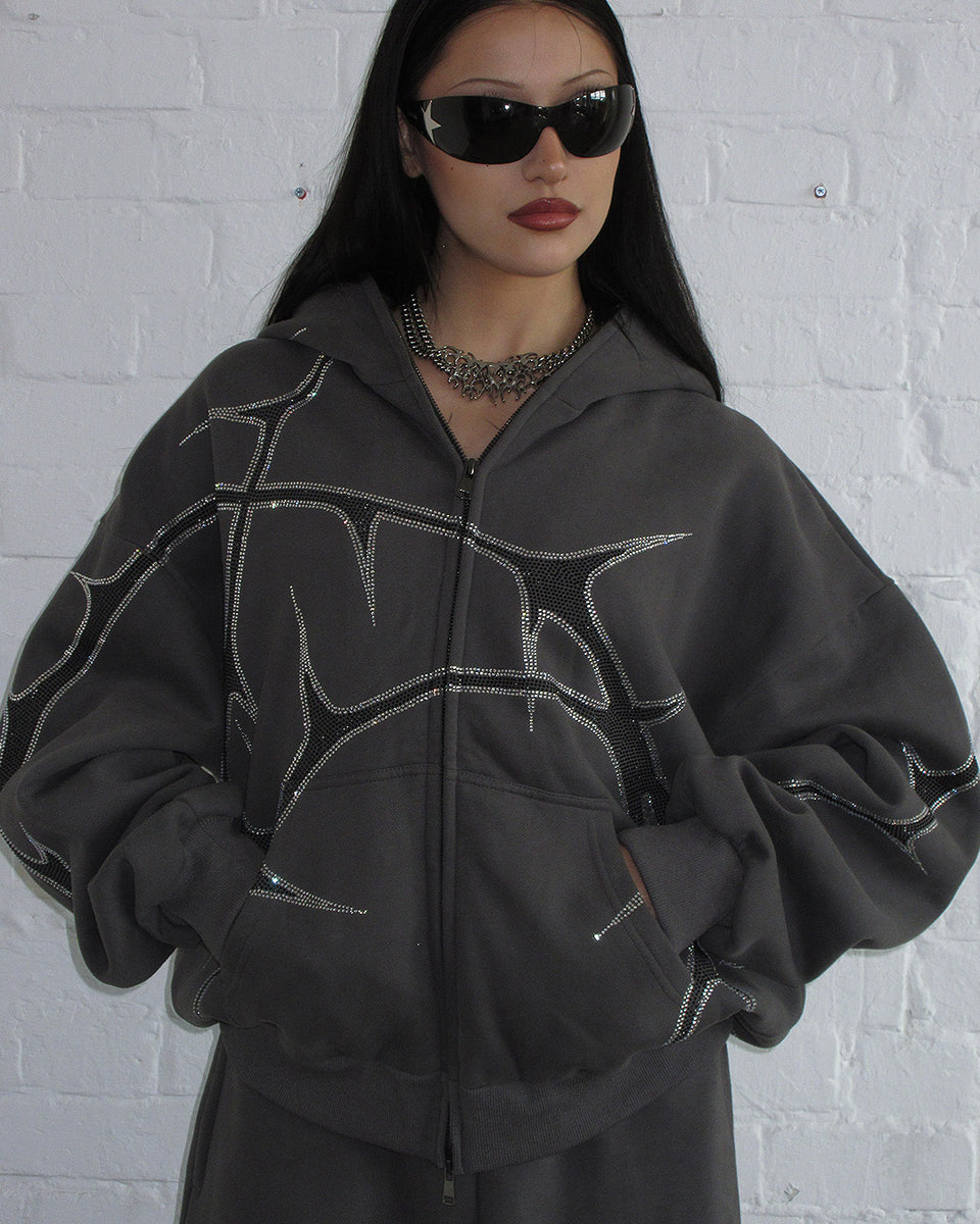 THORN RHINESTONE ZIP HOODIE CHARCOAL