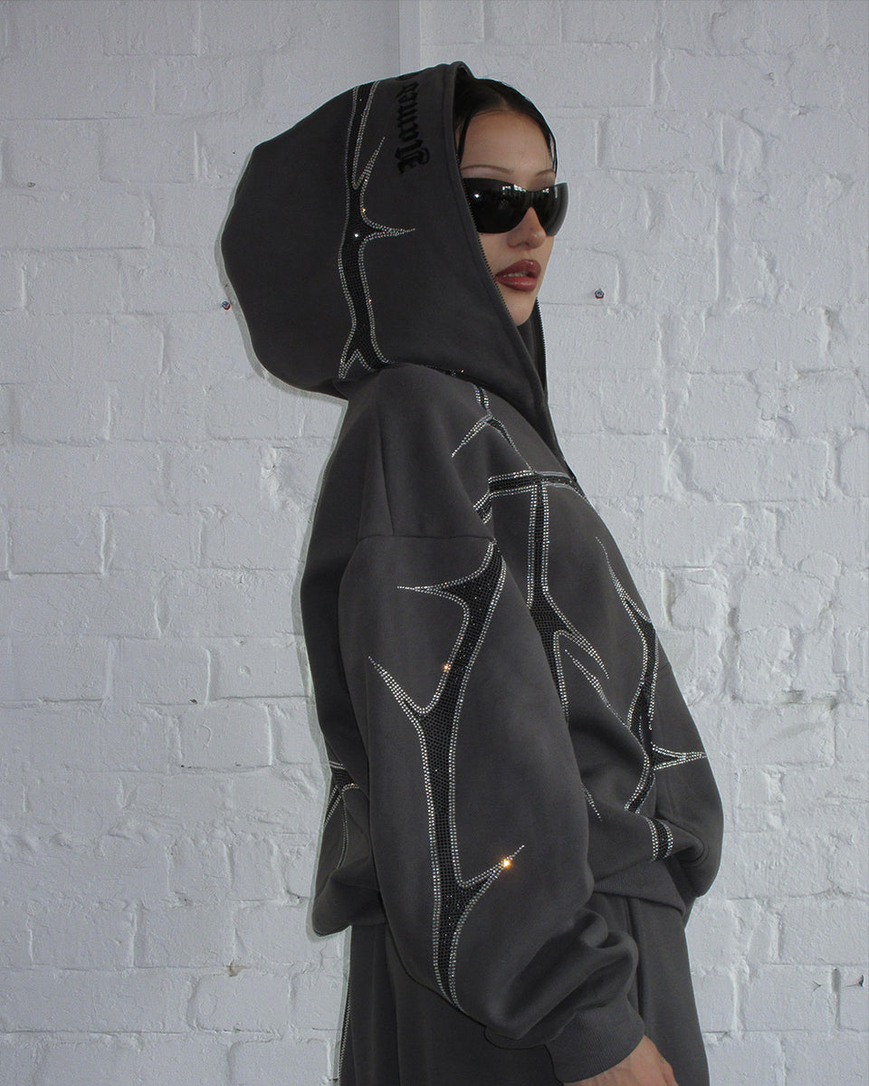 THORN RHINESTONE ZIP HOODIE CHARCOAL