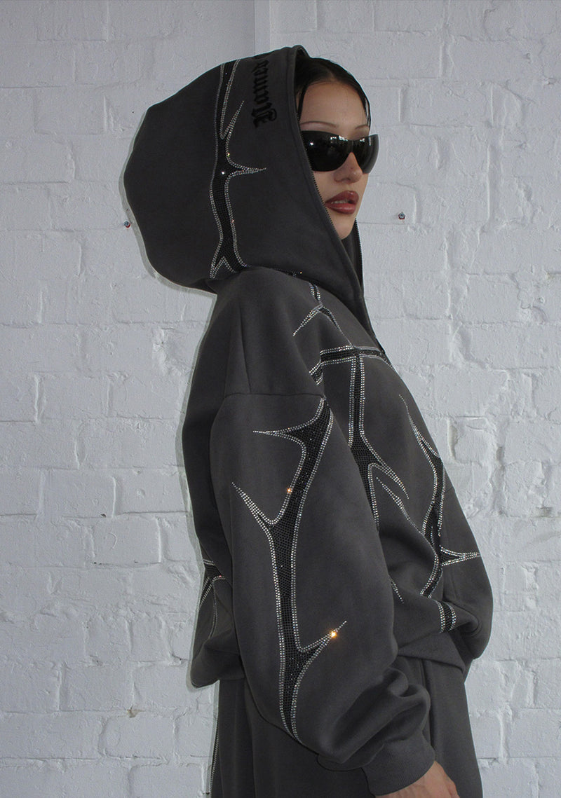 THORN RHINESTONE ZIP HOODIE CHARCOAL