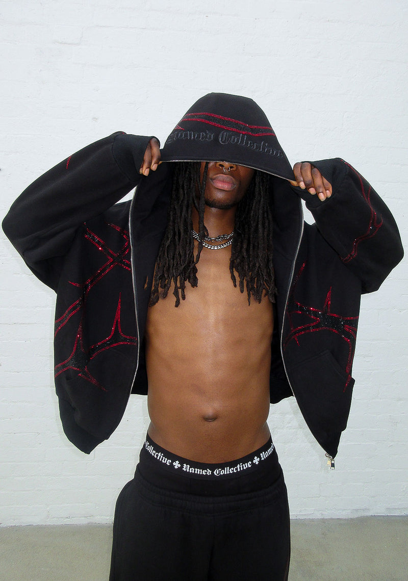 THORN RHINESTONE ZIP HOODIE BLACK AND RED