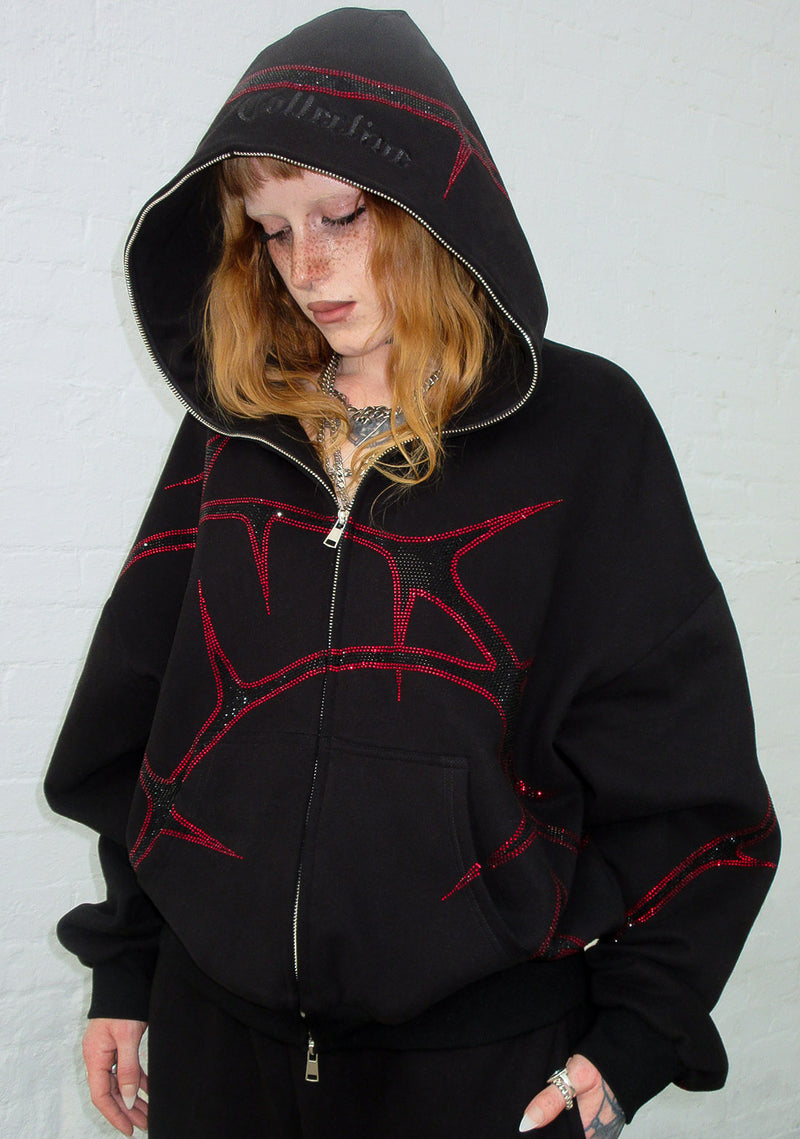 THORN RHINESTONE ZIP HOODIE BLACK AND RED