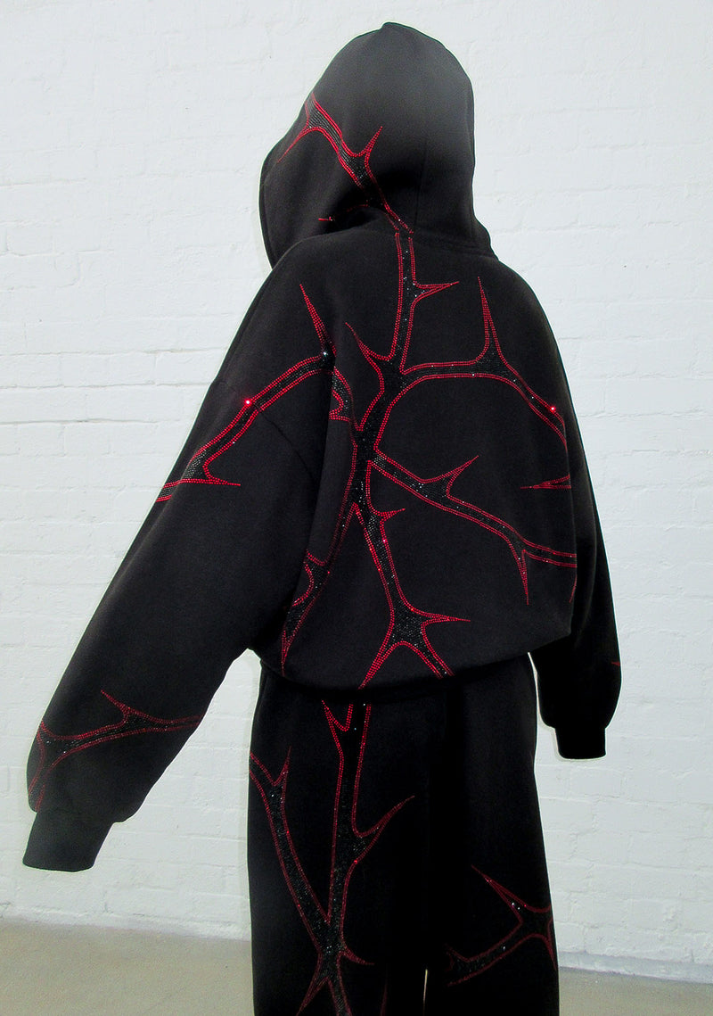 THORN RHINESTONE ZIP HOODIE BLACK AND RED