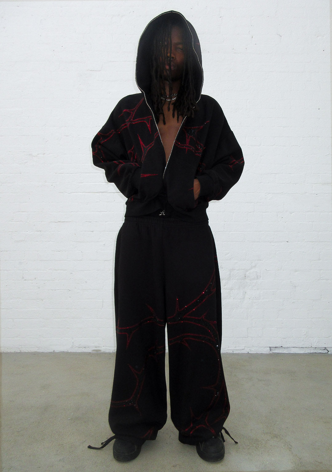 THORN RHINESTONE ZIP HOODIE BLACK AND RED
