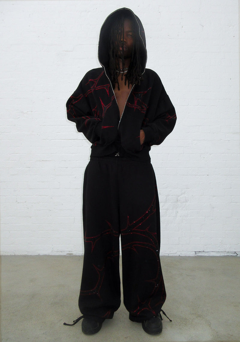 THORN RHINESTONE ZIP HOODIE BLACK AND RED