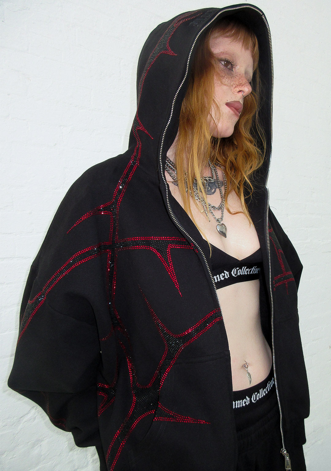 THORN RHINESTONE ZIP HOODIE BLACK AND RED