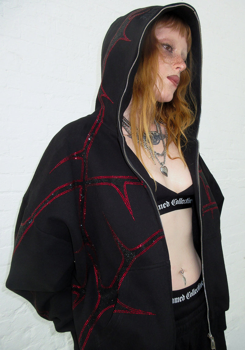 THORN RHINESTONE ZIP HOODIE BLACK AND RED
