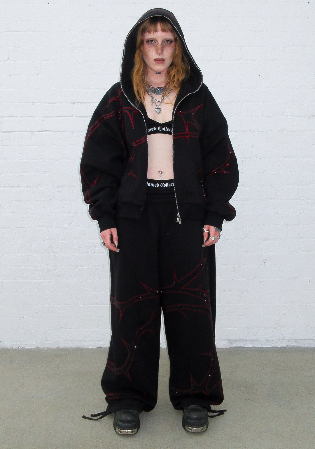 THORN RHINESTONE ZIP HOODIE BLACK AND RED