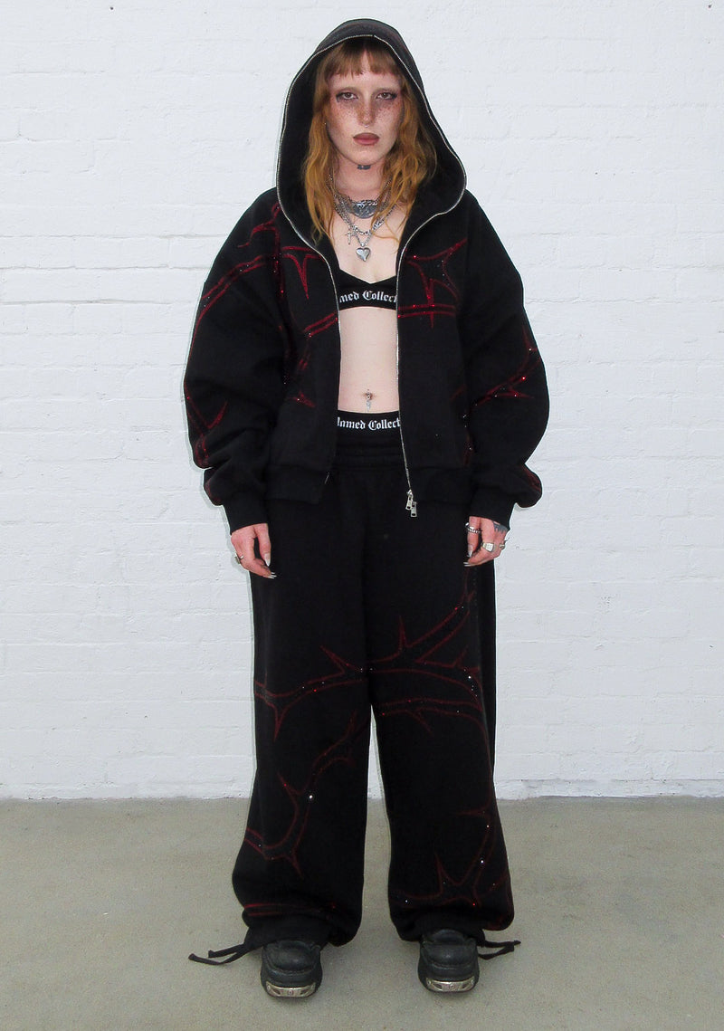 THORN RHINESTONE ZIP HOODIE BLACK AND RED
