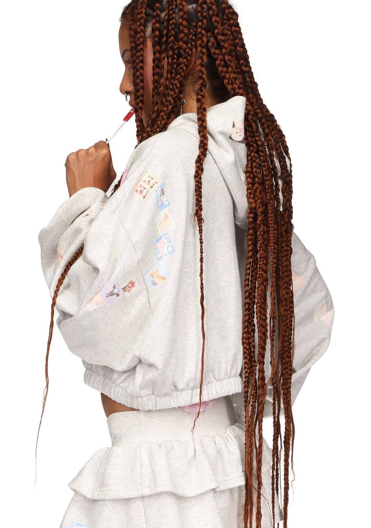 TRINKET MOTIF CROP ZIP HOODIE GREY MARL