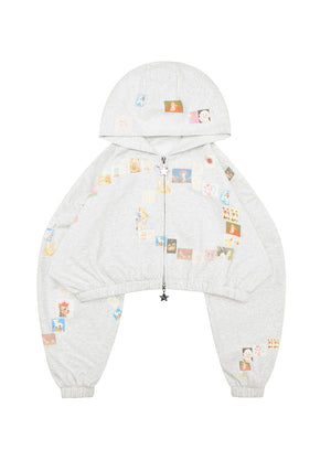 TRINKET MOTIF CROP ZIP HOODIE GREY MARL