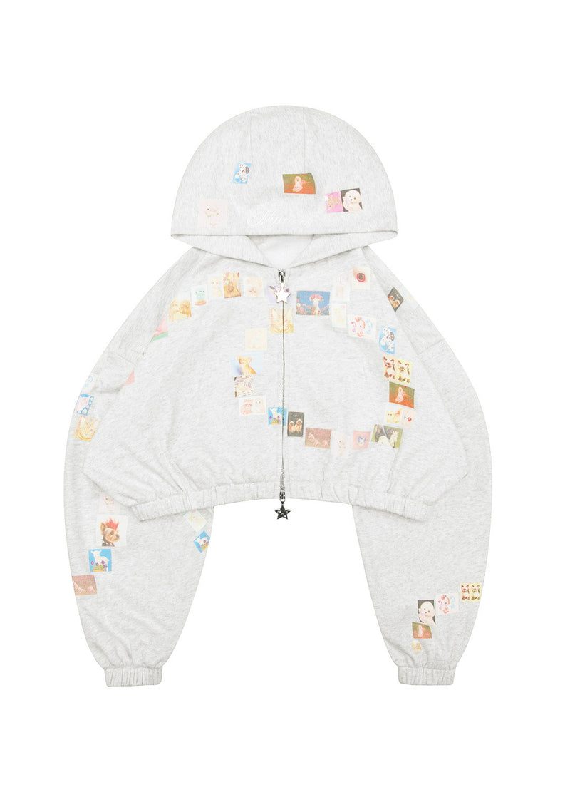 TRINKET MOTIF CROP ZIP HOODIE GREY MARL