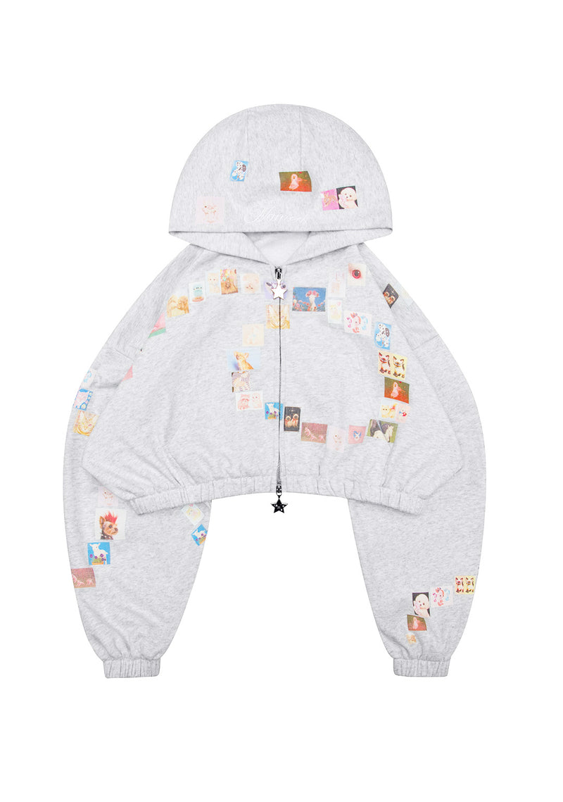 TRINKET MOTIF CROP ZIP HOODIE WHITE MARL