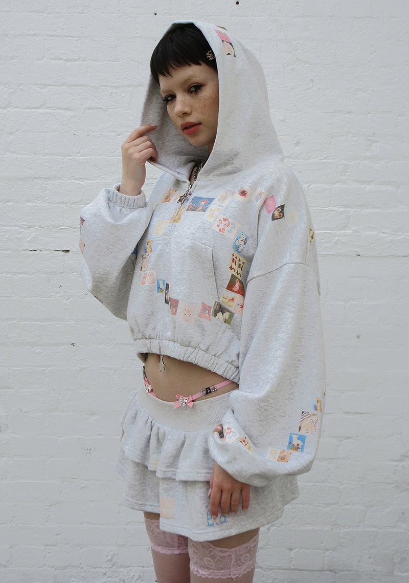 TRINKET MOTIF CROP ZIP HOODIE GREY MARL