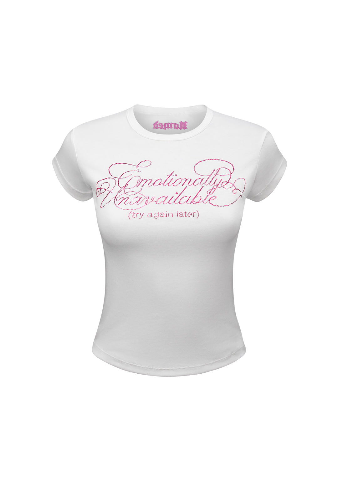 TRY AGAIN L8R RHINESTONE BABY TEE WHITE