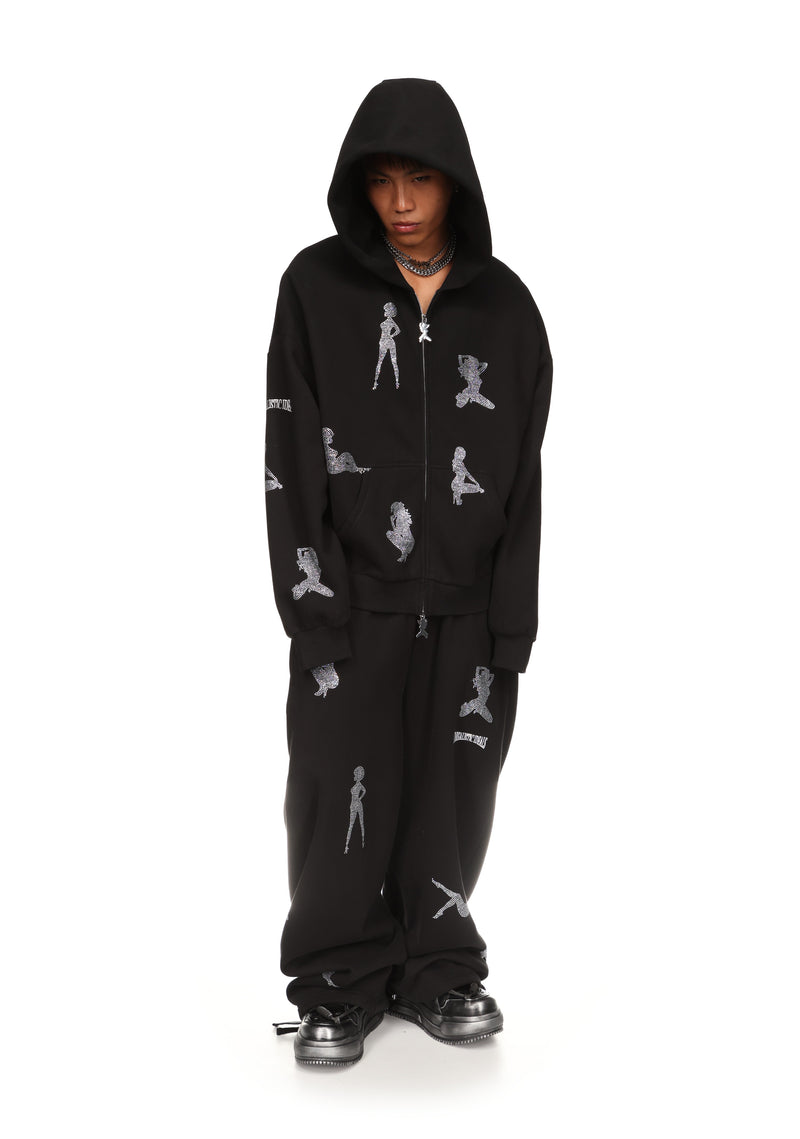 UNREALISTIC IDEALS RHINESTONE ZIP HOODIE BLACK