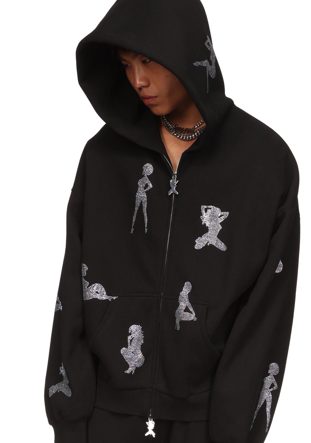 UNREALISTIC IDEALS RHINESTONE ZIP HOODIE BLACK