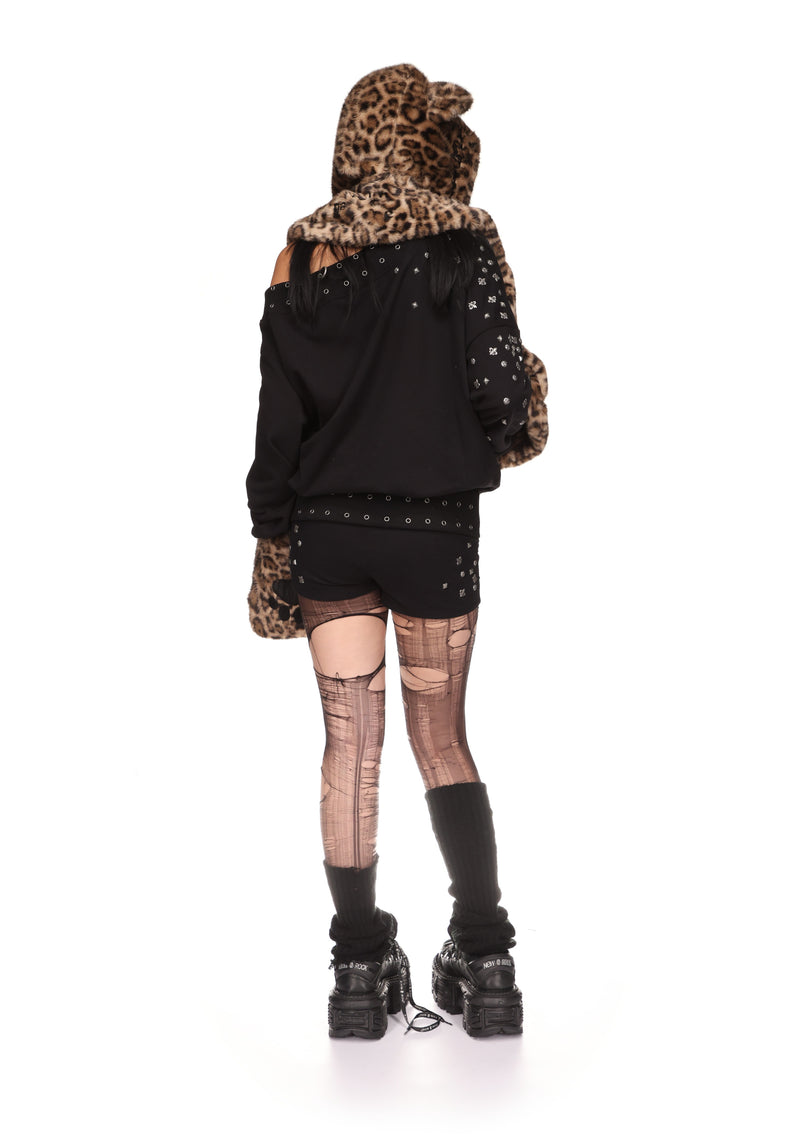 MALFUNCTION UNTAMED EMBROIDERED FAUX FUR HOODED SCARF